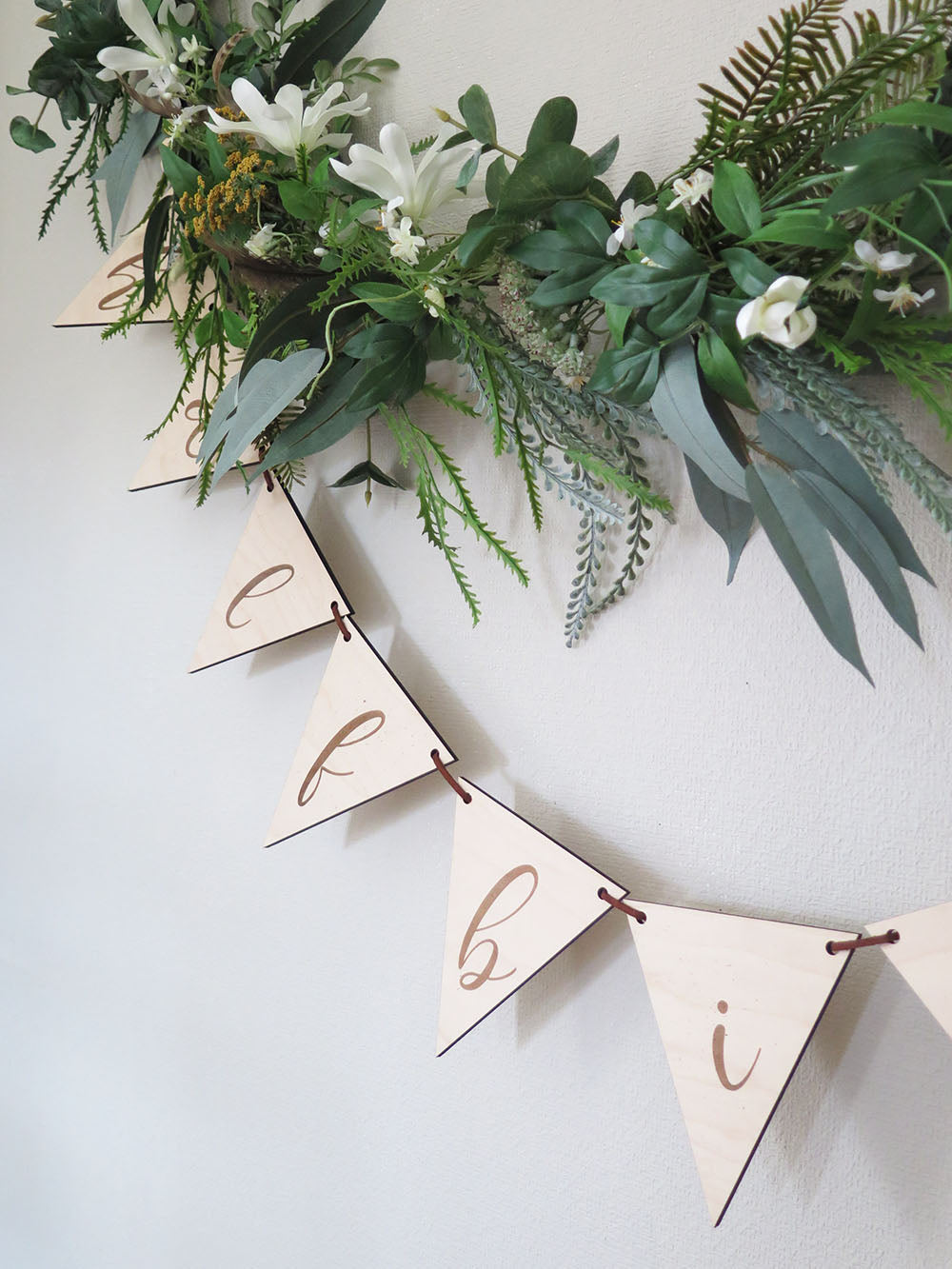 装花ガーランド:グリーン&鳥の羽